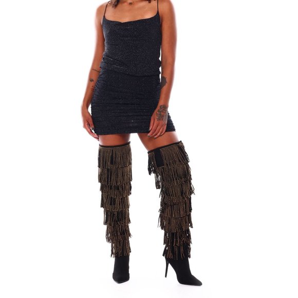 AZALEA WANG Women Fringe Thigh High Pointed Toe Stiletto Heel Black/Gold(111) - Picture 1 of 3